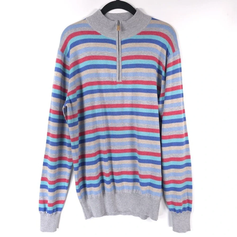 PETER MILLAR SILK CASHMERE PIMA COTTON‎ Size M Striped 1/4 Zip Pullover Sweater